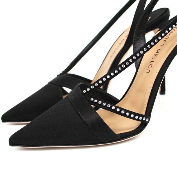 Tamara Mellon Room Key 105 Black Satin Crystal Slingback Pointed Heels 41 NEW - Picture 3 of 8